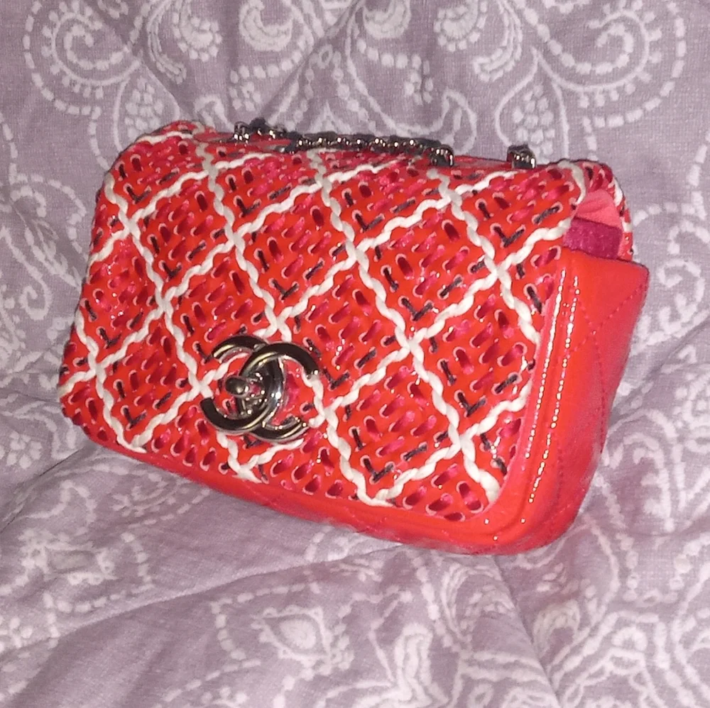 RARE Chanel Red Mini Patent Leather Woven Stitch Tweed Flap Bag